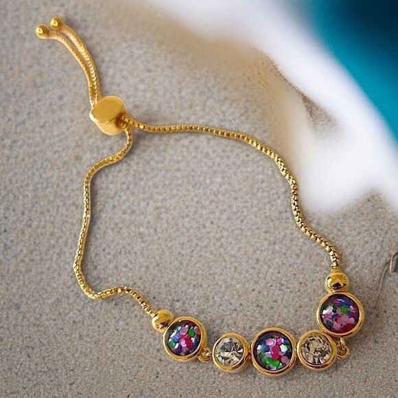 Rhinestone Bolo Bracelet Adjustable Bezel Set Confetti Gold Tone Multi Color - Picture 13 of 16